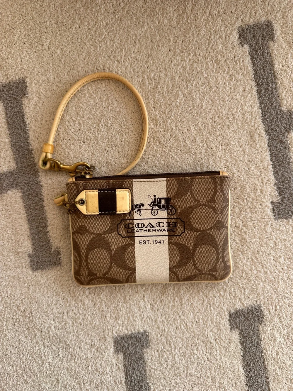 Coach Brown and Cream Signature Zip Wristlet with Gold Hardware